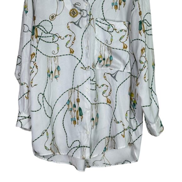 ZARA 90s Vintage Style Nautical Chain Print Silk Feel Blouse Button Up M White - Picture 3 of 14